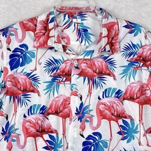 Pink Flamingo Hawaiian Camp Shirt Men M Aloha Luau Tiki Floral Palms Stretch